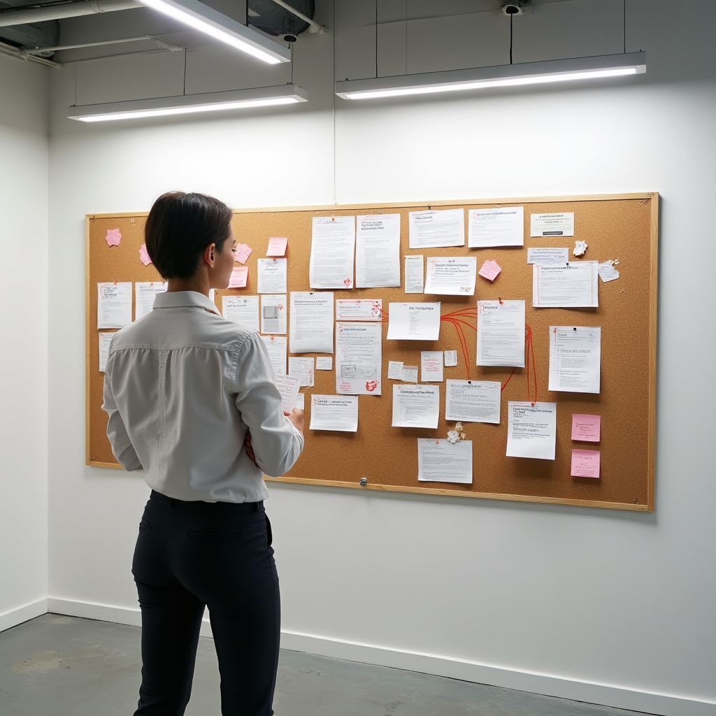 Editorial workspace with headline drafts pinned to a board