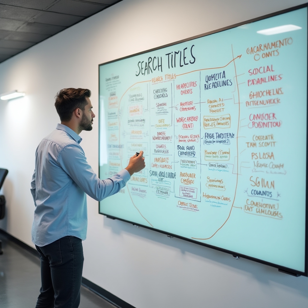 Content strategy board with headline categories organized by platform and technique